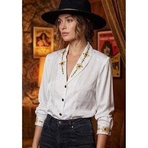 VTG MIKADO White Satin Blouse Sz 10 Beaded Rhinestone Western Glam Maximalism